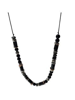 Handmade Black Beaded Necklace Elegant Gold Silver Accents Adjustable Cord Women